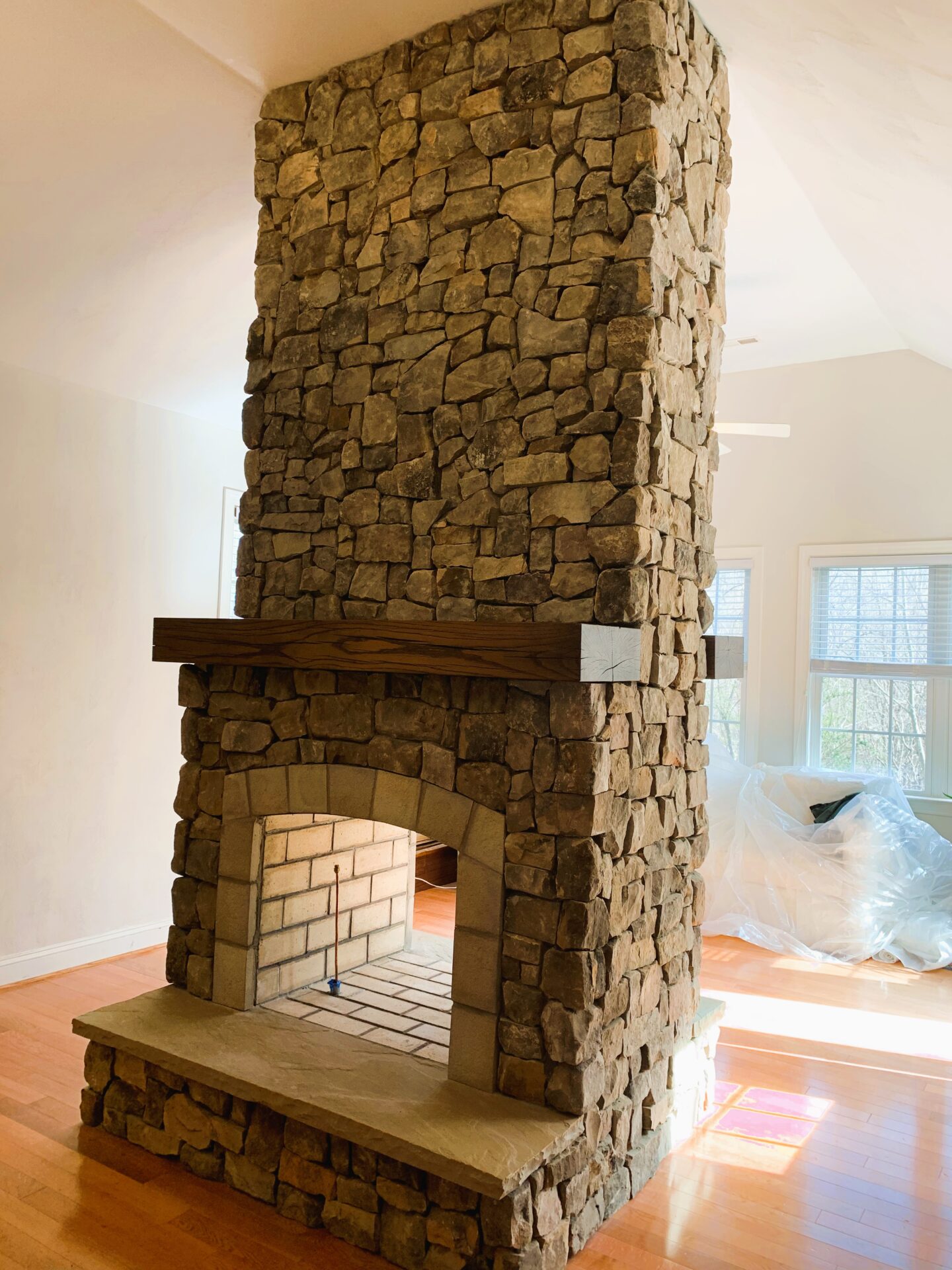 A stone fireplace